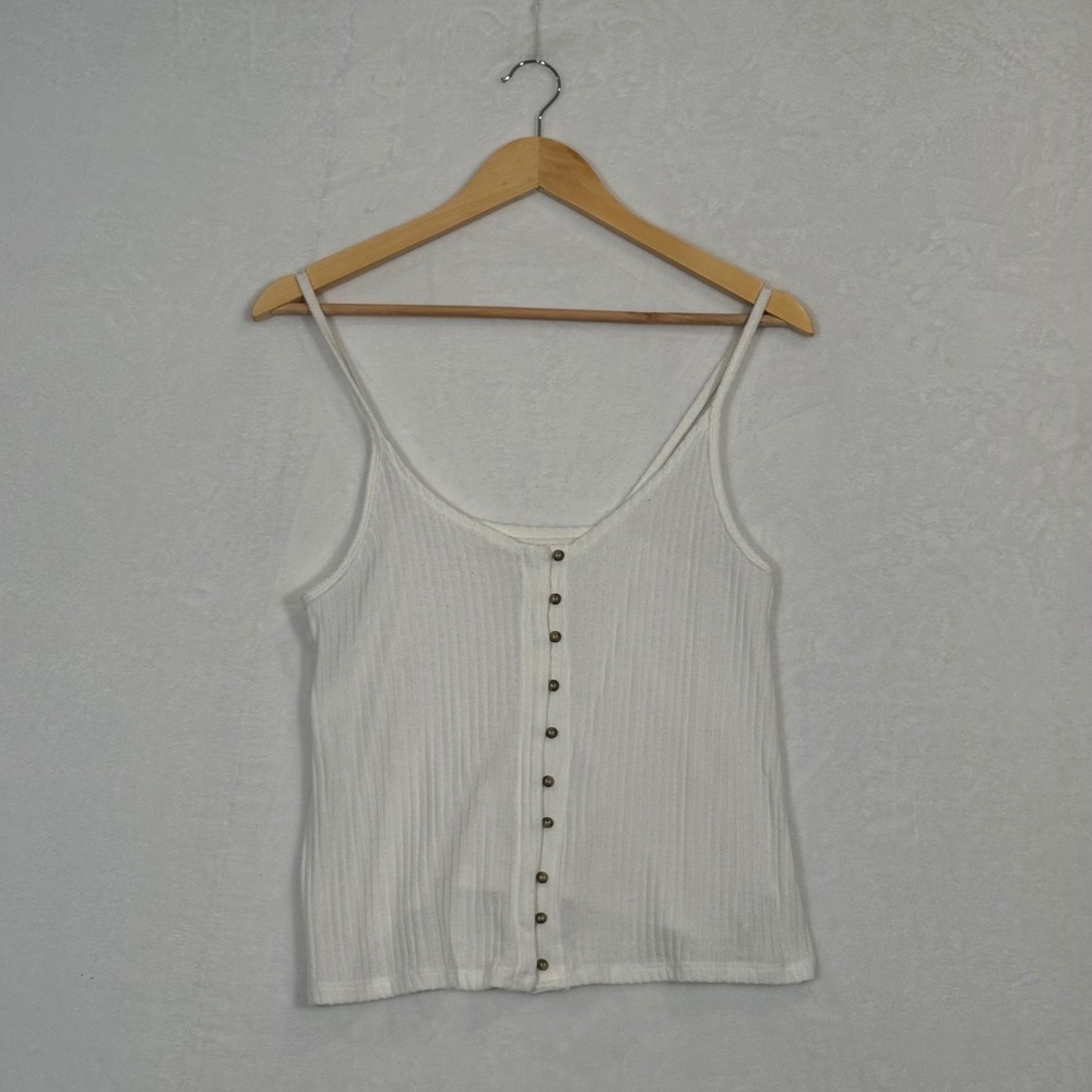American Eagle White Ribbed Button Front Camisole Tank Top Medium